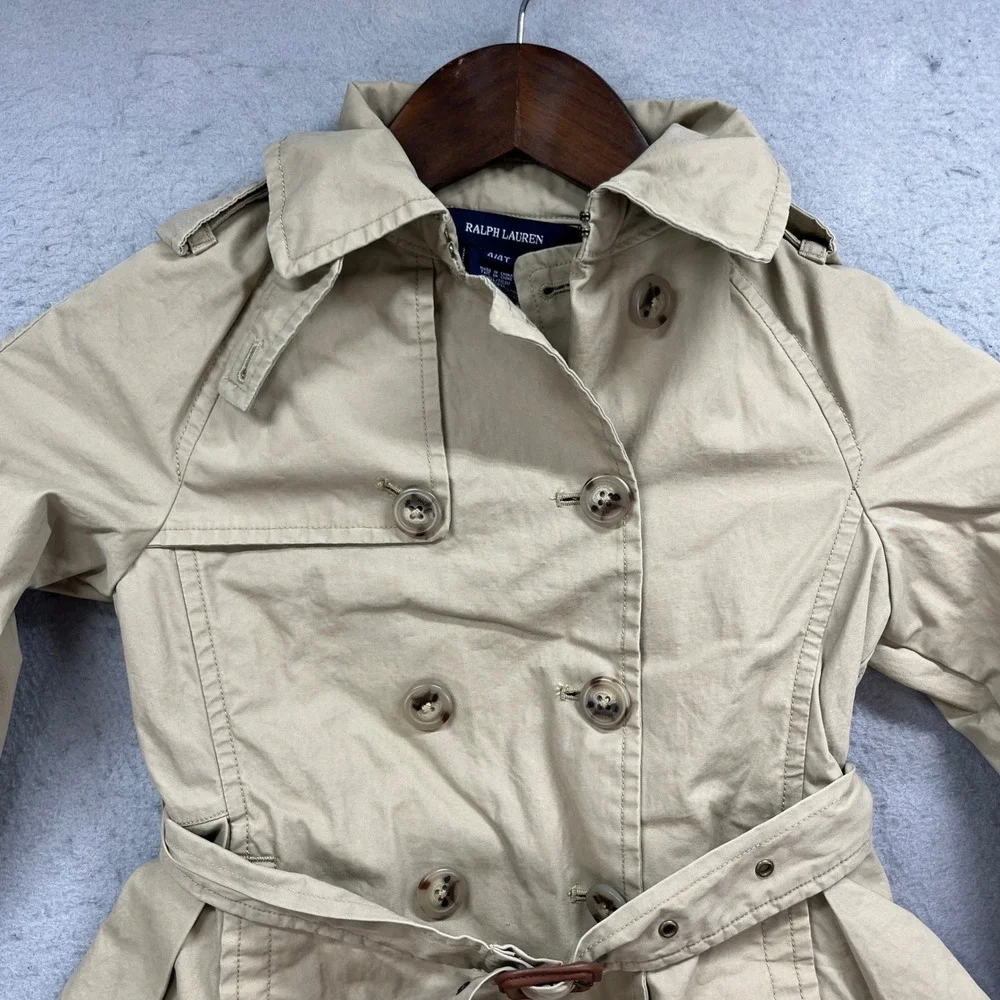 Ralph Lauren Trench Coat Kids 4T Beige Double Breasted Pleated Peplum Classic